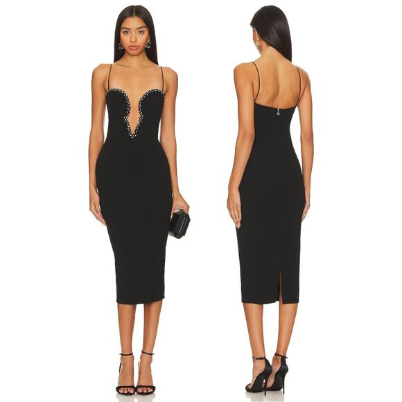 Nookie Dresses & Skirts - Nookie Adorn Midi Dress Mesh Panel Beaded Crystal Embellished Black Size XL